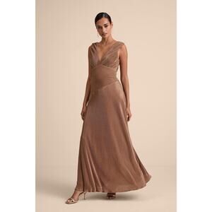 NWT Lulus Renee Light Brown Satin Plisse V-Neck Maxi Dress Gala Banquet Size S